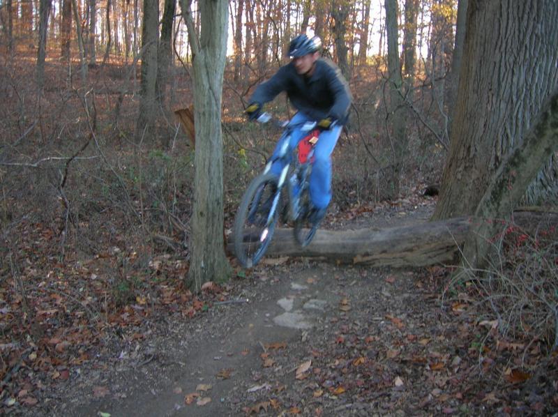 A mountain biker jumps over a log barrier on a forest trail, surrounded by trees with autumn leaves. The rider is wearing a helmet and biking attire, captured in motion as they navigate the uneven terrain. Middle Run Natural Area mountain bike trail.