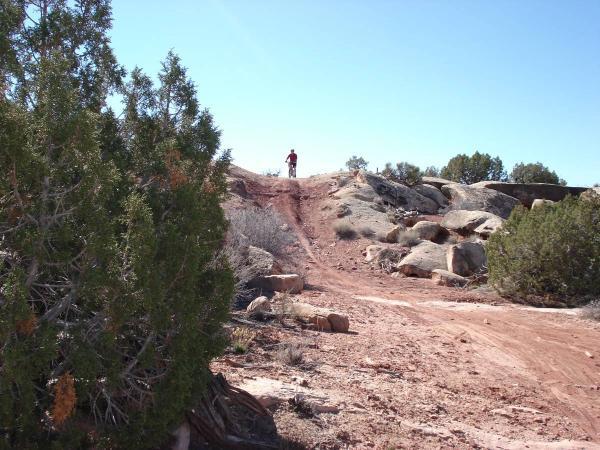 A person in a red shirt stands at the top of a rocky hill, overlooking a dusty trail surrounded by shrubs and scattered boulders under a clear blue sky. Baby Steps Singletrack Loop 1 mountain bike trail.