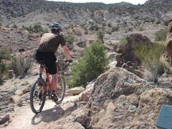 A person riding a mountain bike along a rocky trail in a desert landscape, surrounded by shrubs and sparse trees, with hills in the background. Lunch Loops mountain bike trail.