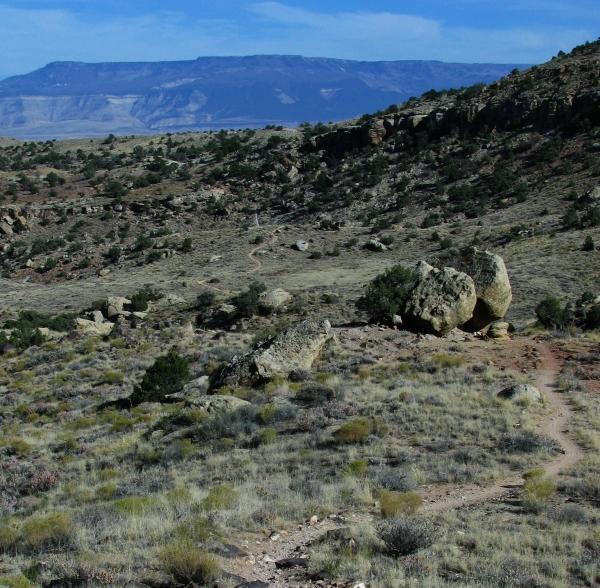 A rocky landscape featuring sparse vegetation and a dirt pathway winding through the terrain, with a backdrop of distant mountains under a clear blue sky. Lunch Loops mountain bike trail.