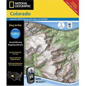 Cover of a National Geographic CD-ROM for topographic maps of Colorado, featuring a detailed terrain map and text highlighting features like GPS readiness and seamless state coverage.