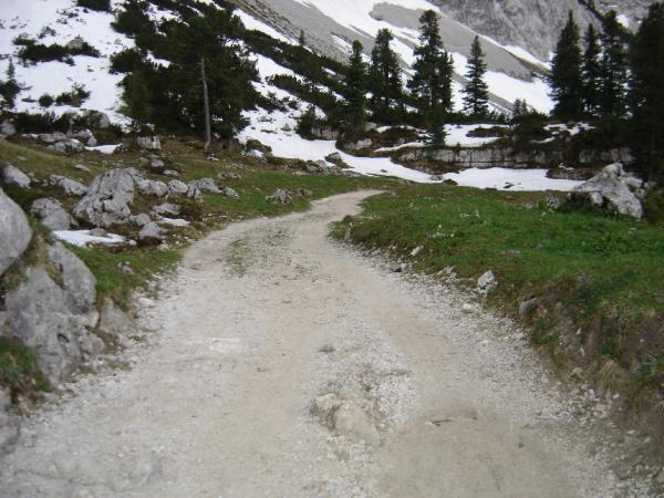 A winding dirt path leads through a mountainous landscape, flanked by snow patches and green grass. Pine trees are visible on the hillside, with rocky terrain and steep slopes in the background. Schachen mountain bike trail.