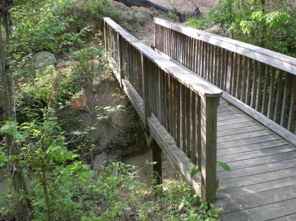 A wooden footbridge spans a small creek, surrounded by lush greenery and rocky terrain. The bridge has sturdy railings and is illuminated by natural sunlight filtering through the trees. Huntersville Athletic Park mountain bike trail.