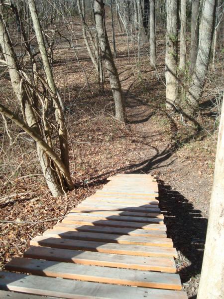 A wooden pathway leading down through a forested area, surrounded by trees and fallen leaves, with a visible dirt trail on the side. The scene is set during daylight, showcasing a natural outdoor environment. Indian River Park mountain bike trail.