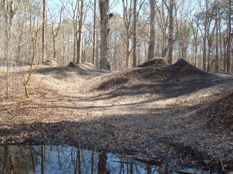A forested area featuring dirt mounds and a small pond. The ground is covered in dry leaves, and there are bare trees in the background against a clear blue sky. Shadows cast by the trees create a mix of light and dark areas on the trail. Indian River Park mountain bike trail.