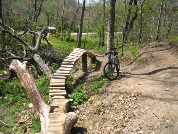 A wooden bike ramp curving over a small ravine, positioned along a dirt trail in a forested area. A mountain bike is parked nearby on the trail, surrounded by greenery and trees. Slaughter Pen Trail mountain bike trail.