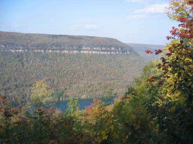 A panoramic view of a lush, forested landscape featuring rolling hills and a river. The scene captures the vibrant colors of autumn foliage, with trees displaying shades of green, yellow, and red. A rocky cliff can be seen in the distance under a blue sky with a few clouds. Raccoon Mountain Trail Network mountain bike trail.