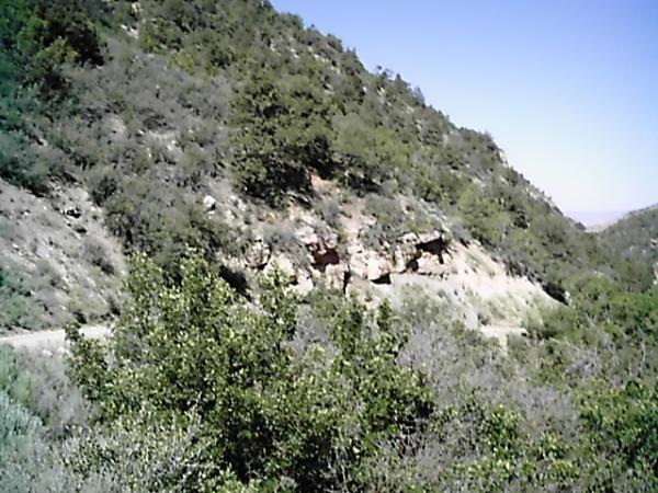 A scenic view of a rocky hillside covered with green shrubs and trees, under a clear blue sky. A dirt path is visible winding through the landscape. Edge Loop mountain bike trail.