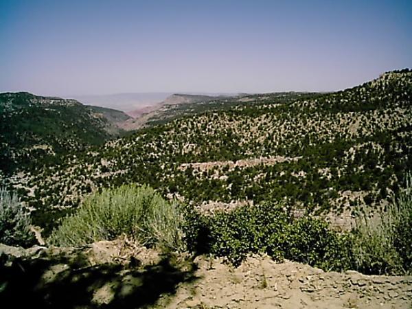 A panoramic view of a mountainous landscape featuring rolling hills covered in greenery and shrubs under a clear blue sky. The scene captures the natural beauty of the terrain, with distant ridges and valleys visible in the background. Edge Loop mountain bike trail.