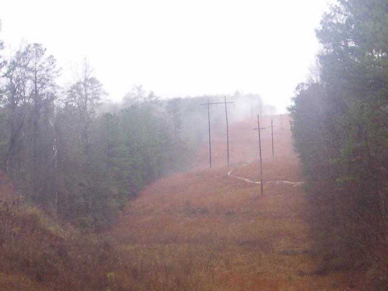 A misty landscape featuring a grassy hillside with sparse trees on either side. Power lines run along the slope, disappearing into the foggy background. The scene conveys a tranquil yet eerie atmosphere with muted colors and a sense of depth. Forks Area Trail System (FATS) mountain bike trail.