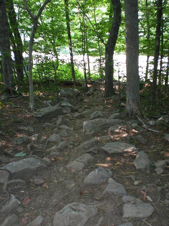 A rocky hiking trail winding through a wooded area with sunlight filtering through the trees, leading towards a body of water in the background. Sugar Mountain Resort mountain bike trail.