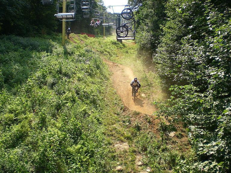 A mountain biker riding down a dirt trail surrounded by lush greenery, with a ski lift visible in the background. Dust is being kicked up from the trail as the rider navigates the path. Sugar Mountain Resort mountain bike trail.