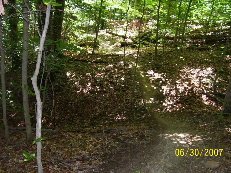 A serene forest scene featuring a well-trodden dirt path winding through a wooded area. Sunlight filters through the green leaves above, creating dappled patterns on the forest floor covered with dry leaves. Sparse trees line the path, offering a sense of tranquility and natural beauty. Lake Hope State Park mountain bike trail.