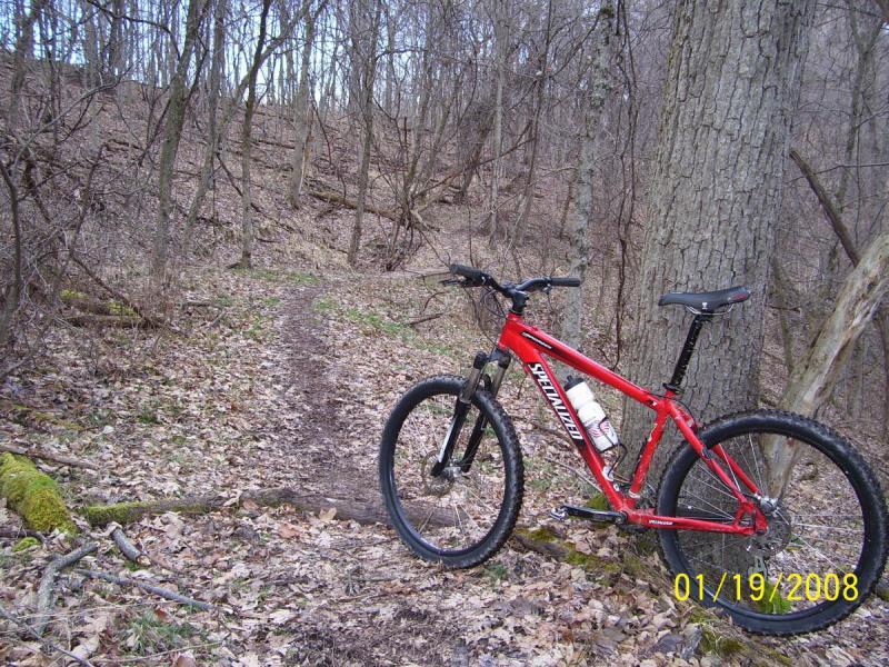 A red mountain bike is parked beside a dirt trail winding through a wooded area. The ground is covered in fallen leaves, and tall trees with bare branches surround the path. Mountwood mountain bike trail.