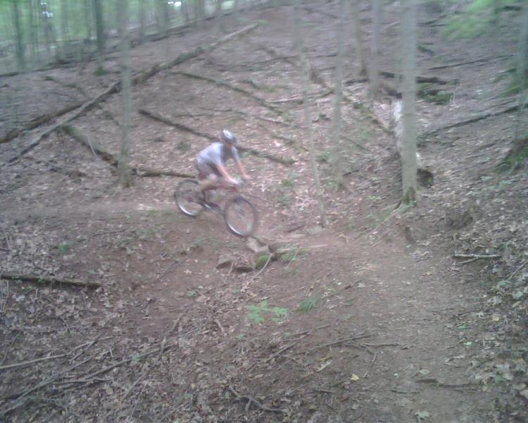 A mountain biker navigating a dirt trail in a wooded area, surrounded by trees and fallen branches. The biker is slightly blurred, indicating motion as they ride downhill on the rugged terrain. Mountwood mountain bike trail.