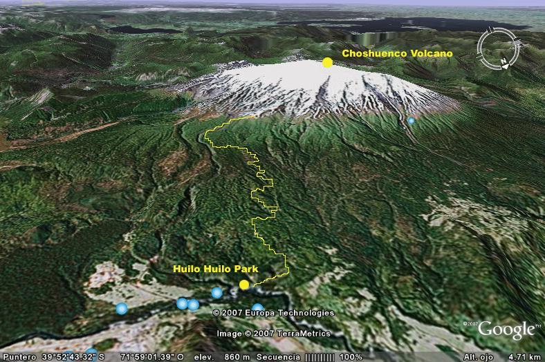 3D satellite map showing Huilo Huilo Park and Choshuenco Volcano in southern Chile, with highlighted trails and geographical features. Parque Huilo Huilo- Choshuenco Volcano mountain bike trail.