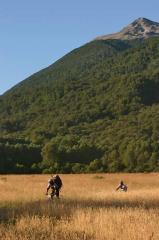 Two cyclists riding through a golden field with a large, green mountain in the background under a clear blue sky. Parque Huilo Huilo- Choshuenco Volcano mountain bike trail.