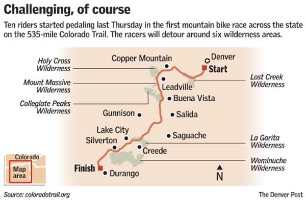 Map of the Colorado Trail highlighting the route of the first mountain bike race, starting in Denver and finishing in Durango. The map indicates several wilderness areas along the 535-mile route, including the Holy Cross, Mount Massive, Collegiate Peaks, Lost Creek, La Garita, and Weminuche Wilderness.