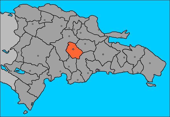 Map of the Dominican Republic highlighting the province of San José de Ocoa in orange against a gray background. Cordillera Central mountain bike trail.