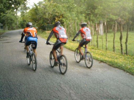 Three cyclists ride along a quiet, tree-lined road, wearing matching jerseys in orange and black. The landscape is lush with greenery, and the sun filters through the trees, casting a warm light on the scene. Cordillera Central mountain bike trail.