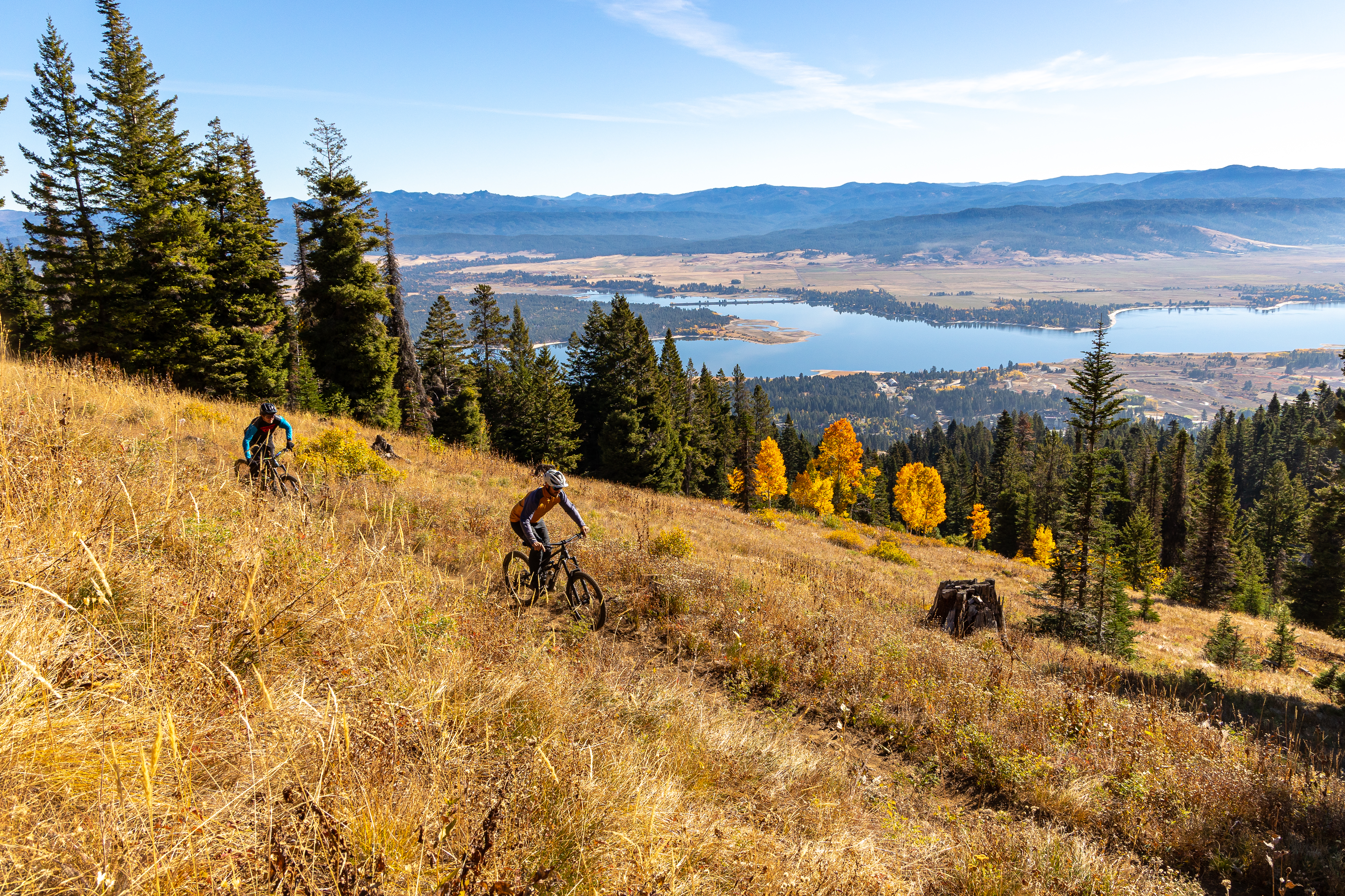 Two mountain bikers navigate a grassy hillside surrounded by tall pine trees, with a scenic view of a lake and distant mountains in the background. The landscape features autumn foliage, with splashes of yellow from trees in the foreground. The sky is clear and blue, indicating a sunny day. Tamarack Bike Park mountain bike trail.