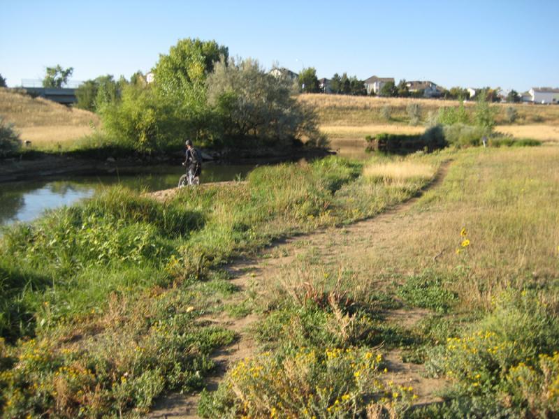 A scenic outdoor view showing a person riding a bike along a pathway near a calm body of water, surrounded by lush greenery and wildflowers. In the background, gentle hills and residential buildings are visible under a clear blue sky. Standley Lake mountain bike trail.