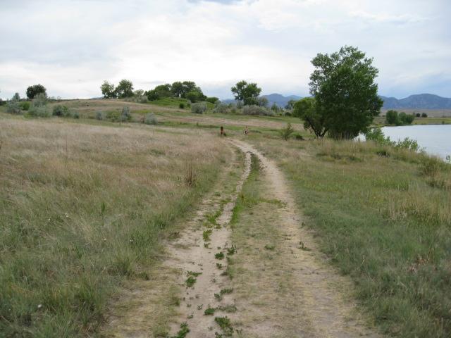 A dirt path winding through a grassy landscape, lined with trees and shrubs, leading towards a body of water in the distance. The scene is under a cloudy sky with rolling hills and mountains visible in the background. Standley Lake mountain bike trail.