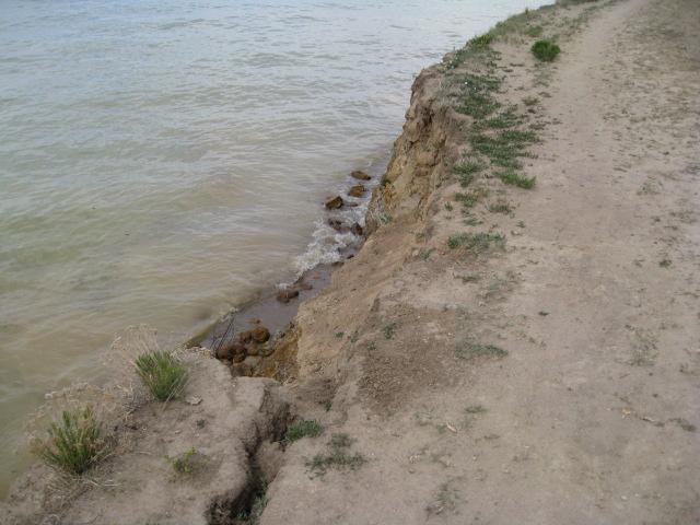 A grassy path runs alongside a body of water, with an eroded dirt bank leading down to the shoreline, where small rocks are partially submerged in the water. Standley Lake mountain bike trail.