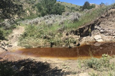 A landscape featuring a shallow, muddy creek with a reddish-brown hue, bordered by dry soil and patches of green grass. In the background, rolling hills covered in shrubs and sparse trees rise under a clear blue sky. The scene conveys a natural, rugged environment with a sense of tranquility. Long X mountain bike trail.