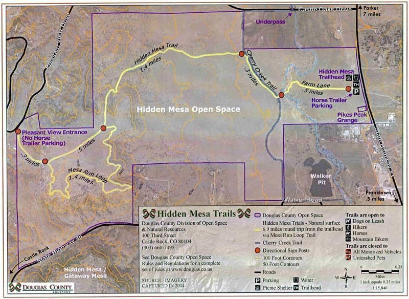 Map of Hidden Mesa Open Space and surrounding trails in Douglas County, Colorado. The map includes marked trails such as Hidden Mesa Trail and Cherry Creek Trail, parking locations, and entrances. It features distance markers, directions, and notes on trail usage policies. Hidden Mesa mountain bike trail.