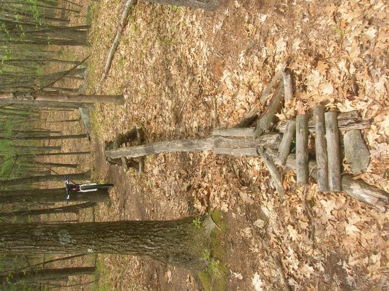 A rustic wooden obstacle made from logs and branches, positioned on a forest path covered with dried leaves. In the background, a black mountain bike is partially visible beside the tree trunk. The surrounding area features tall trees and a natural woodland setting. Landlocked Forest mountain bike trail.