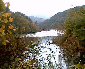 Scenic view of a river winding through lush, green hills, with hints of autumn foliage. The sky is overcast, adding a soft focus to the landscape. Brush Creek mountain bike trail.