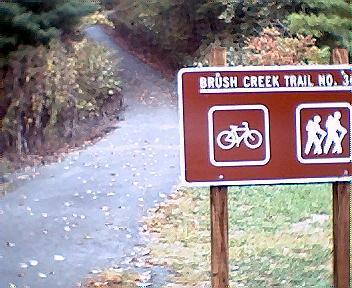 A brown informational sign for Brush Creek Trail No. 32, featuring icons of a bicycle and hikers, stands at the trailhead. A winding path surrounded by trees leads into the wooded area. Fallen leaves are visible on the ground. Brush Creek mountain bike trail.