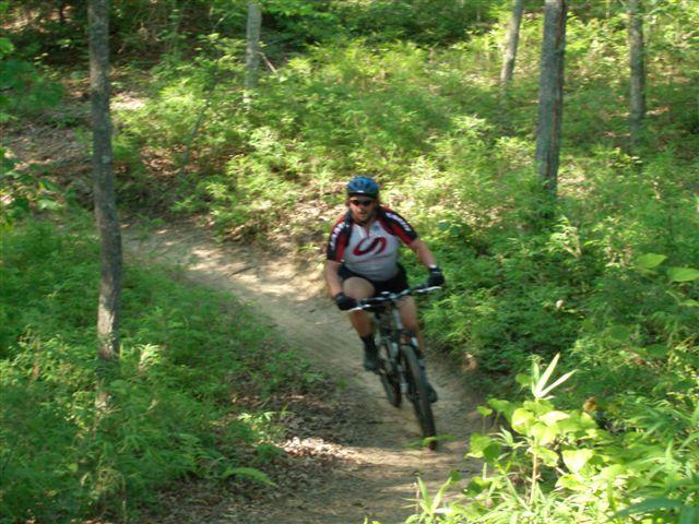 Mountain biker navigating a dirt trail through a lush, green forest. The cyclist is wearing a helmet and a cycling jersey, and appears to be in motion, leaning into a turn on the trail. Trees and ferns surround the path, creating a vibrant natural setting. Brush Creek mountain bike trail.