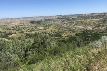 A panoramic view of rolling hills and valleys under a clear blue sky, showcasing a landscape rich with greenery and patches of shrubbery. The foreground features lush grass and scattered trees, while the distant terrain displays layered, rocky hills and flat stretches of land. Long X mountain bike trail.