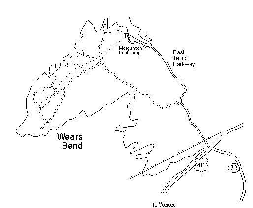 A simple black and white map depicting the Wears Bend area, illustrating nearby features such as the Morganton boat ramp and East Tellico Parkway. Major roads and surrounding terrain are outlined clearly. Wears Bend mountain bike trail.