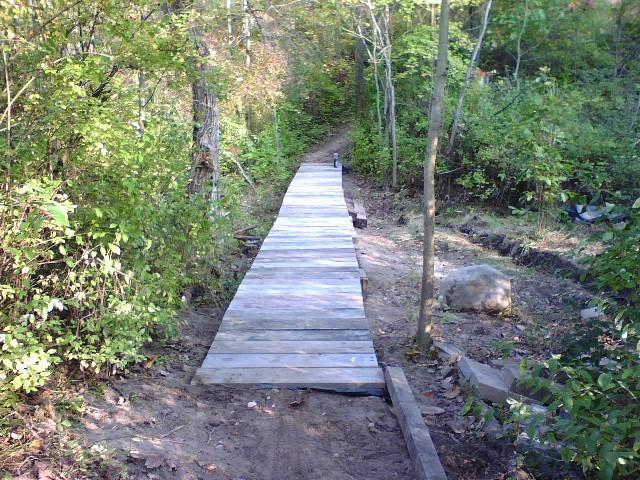 A wooden walkway leads through a lush green forest, flanked by trees and foliage. The path is slightly elevated and well-defined, guiding the viewer into the woods. Sunlight filters through the leaves, creating a serene and inviting atmosphere. Addison Oaks mountain bike trail.