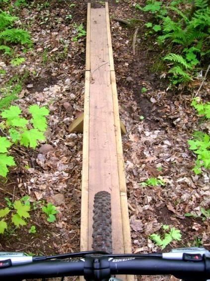 A wooden narrow bridge or plank viewed from above, with a mountain bike tire in the foreground. The bridge is surrounded by forest floor covered in leaves and green plants. Michigan Tech Trails mountain bike trail.
