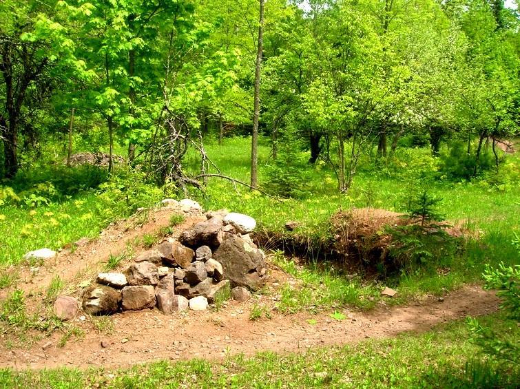 A small stone pile sits on the edge of a dirt path in a lush green forest. Surrounding it are various trees and greenery, creating a serene natural setting. Michigan Tech Trails mountain bike trail.