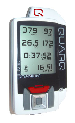 Alt tag: "A QUARQ cycling computer displaying various metrics, including wattage, cadence, speed, heart rate, lap time, and distance."
