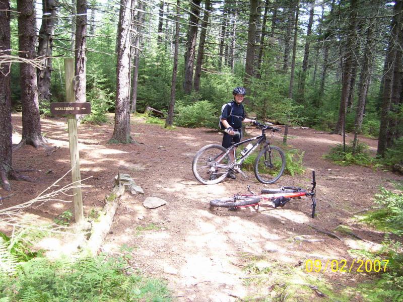 A mountain biker stands next to a black bike at a trail intersection in a dense forest. A signpost with the text "Huckleberry Trail" points in one direction. An additional bike lies on the ground nearby. The scene is surrounded by tall trees and lush greenery, indicating a sunny day. Spruce Knob Loop mountain bike trail.