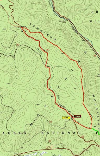 Topographic map showing a hiking trail route marked in red. The map includes elevation contours and designates "START" and "FINISH" points along the trail in yellow boxes. The area is labeled as part of a national forest. Kennison Mountain Trail mountain bike trail.