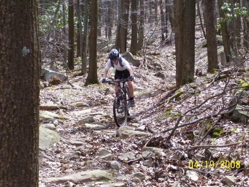 A mountain biker navigates a rocky trail in a forest, surrounded by trees and scattered leaves on the ground. The rider is wearing a helmet and is focused on the terrain ahead. Big Bear Lake Trail Center mountain bike trail.