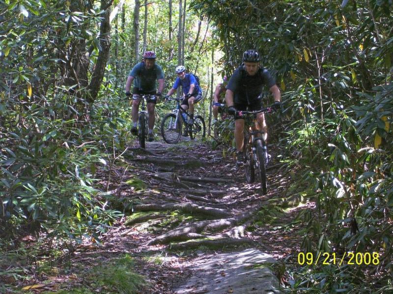 A group of four mountain bikers navigating a rocky trail surrounded by lush greenery in a forested area. The trail is bumpy with exposed tree roots, and the cyclists are wearing helmets and cycling gear. Sunlight filters through the trees, highlighting the natural scenery. The image is dated September 21, 2008. Plantation Trail mountain bike trail.