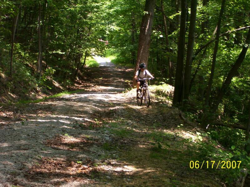 A person biking on a gravel path through a dense forest, surrounded by tall trees and greenery. The scene depicts a sunny day, with patches of sunlight filtering through the leaves. The path splits ahead, leading deeper into the woods. Kanawha State Forest Trails mountain bike trail.