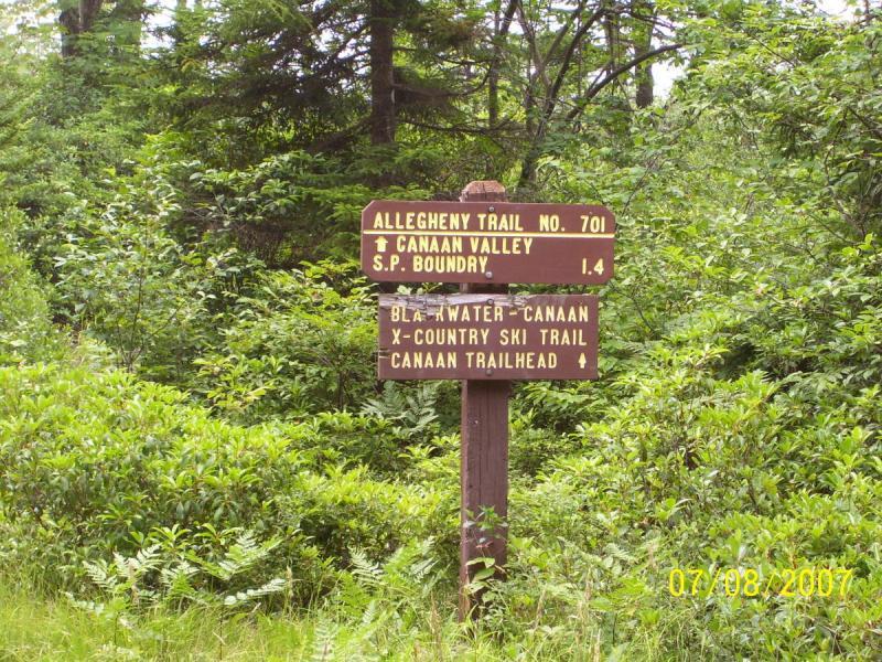 Sign post indicating trail directions in a wooded area, featuring information for the Allegheny Trail No. 701, directions to Canaan Valley, and distances to various locations such as the Canaan trailhead and the cross-country ski trail. Surrounded by lush green vegetation. Allegheny (park To Park) mountain bike trail.