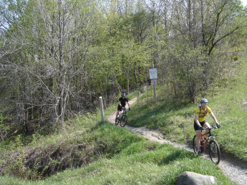 Two cyclists riding mountain bikes along a dirt trail in a wooded area. The surrounding trees are lush and green, indicating spring or summer. A signpost is visible on the trail, and there is a mix of grassy and dirt terrain. The scene captures a recreational outdoor activity in a natural setting. Fanshawe Lake mountain bike trail.