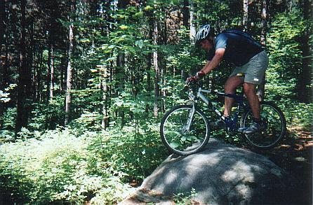 A mountain biker navigating over a large rock while riding through a lush forest trail, surrounded by trees and greenery. Hardwood Ski and Bike mountain bike trail.