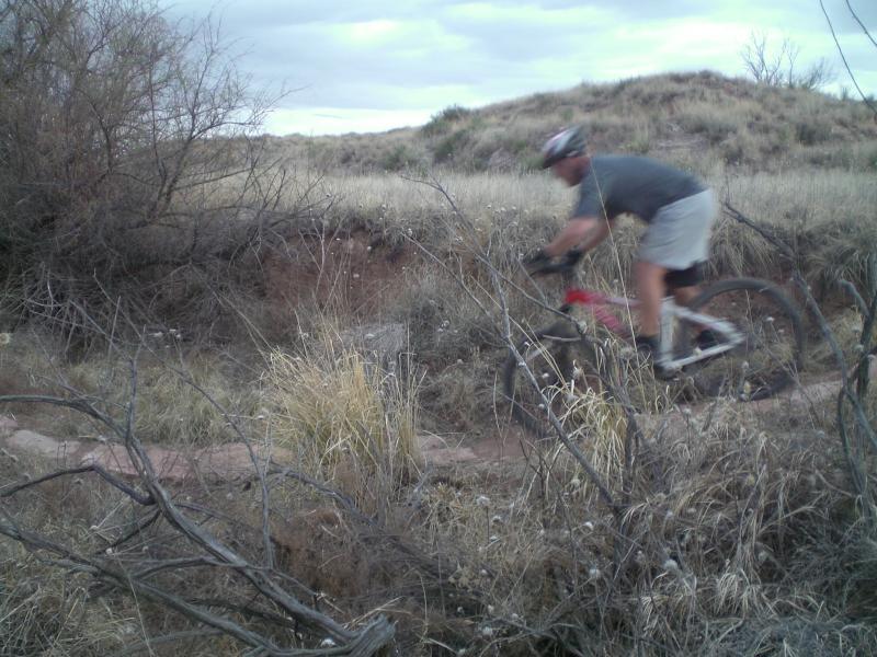A mountain biker navigating a dirt trail surrounded by tall grass and sparse vegetation under a cloudy sky. Skidmarks mountain bike trail.