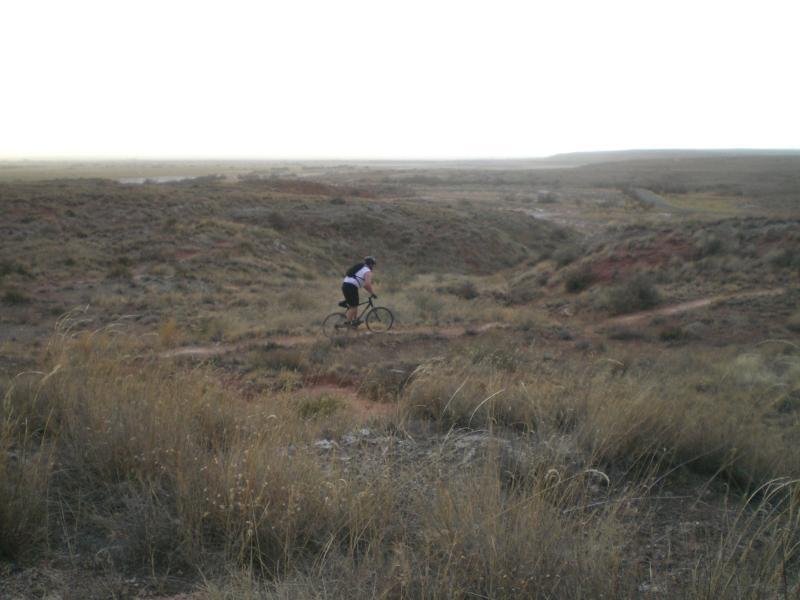 A cyclist riding a bicycle on a rugged, grassy terrain under a soft, hazy sky. The landscape features rolling hills and sparse vegetation, capturing the essence of an outdoor biking adventure. Skidmarks mountain bike trail.